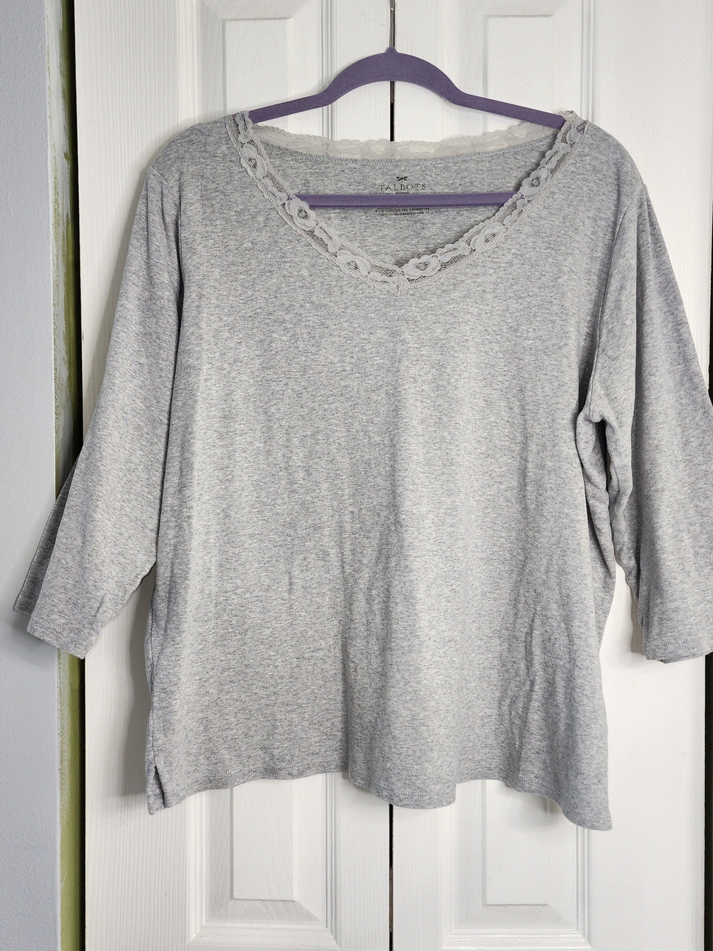 Talbots Grey Heather Lace Trim V-Neck Top Knit 3/4 Sleeve Size 2XL
